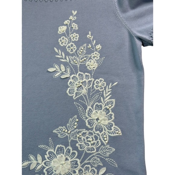 Alfred Dunner Sweater Womens Size M Blue Floral Accents S/S Lightweight - Picture 6 of 10